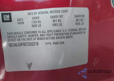 2008 Chevrolet Cobalt Lt z USA, uszkodzony, nr VIN 1G1AL58F887292218